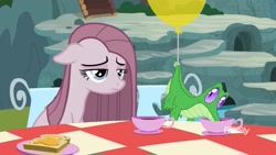 Size: 1920x1080 | Tagged: safe, screencap, character:gummy, character:pinkamena diane pie, character:pinkie pie, species:pony, episode:yakity-sax, g4, my little pony: friendship is magic, balloon, bread, cup, depressed, floppy ears, food, sandwich, teacup, toast