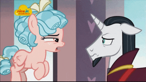 Size: 512x288 | Tagged: safe, screencap, character:chancellor neighsay, character:cozy glow, species:pegasus, species:pony, species:unicorn, episode:school raze, g4, my little pony: friendship is magic, animated, duo, female, filly, flying, foal, gif, logo, nervous, nick jr., sweat, sweating profusely