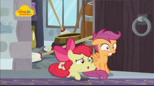 Size: 512x288 | Tagged: safe, screencap, character:apple bloom, character:scootaloo, character:sweetie belle, species:pegasus, species:pony, episode:school raze, g4, my little pony: friendship is magic, animated, bucket, confused, cutie mark crusaders, gif, logo, nick jr., stumbling