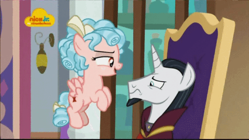 Size: 512x288 | Tagged: safe, screencap, character:chancellor neighsay, character:cozy glow, species:pegasus, species:pony, species:unicorn, episode:school raze, g4, my little pony: friendship is magic, animated, chair, condescending, duo, female, filly, gif, humiliation, logo, nick jr., patting, petting, tied up