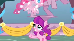 Size: 1920x1080 | Tagged: safe, screencap, character:lily longsocks, species:earth pony, species:pony, episode:yakity-sax, g4, my little pony: friendship is magic, background pony, balloon, female, filly, foal, fountain, hoof hold, pinkie balloon, solo, statue