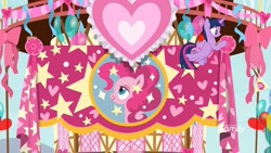 Size: 1920x1080 | Tagged: safe, screencap, character:pinkie pie, character:twilight sparkle, character:twilight sparkle (alicorn), species:alicorn, species:pony, episode:yakity-sax, g4, my little pony: friendship is magic, balloon, banner, pinkie pie appreciation day