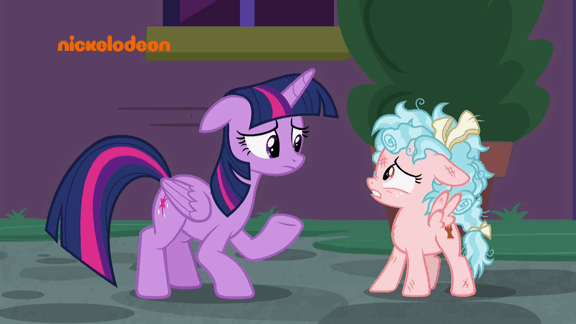 Size: 576x324 | Tagged: safe, screencap, character:cozy glow, character:twilight sparkle, character:twilight sparkle (alicorn), species:alicorn, species:pegasus, species:pony, episode:school raze, g4, my little pony: friendship is magic, angry, animated, antagonist, brat, cozy glow is best facemaker, cozy glow is not amused, crazy glow, evil, faec, female, filly, foal, gif, mare, messy mane, nickelodeon, raised eyebrow, sad, sympathy, villainous breakdown