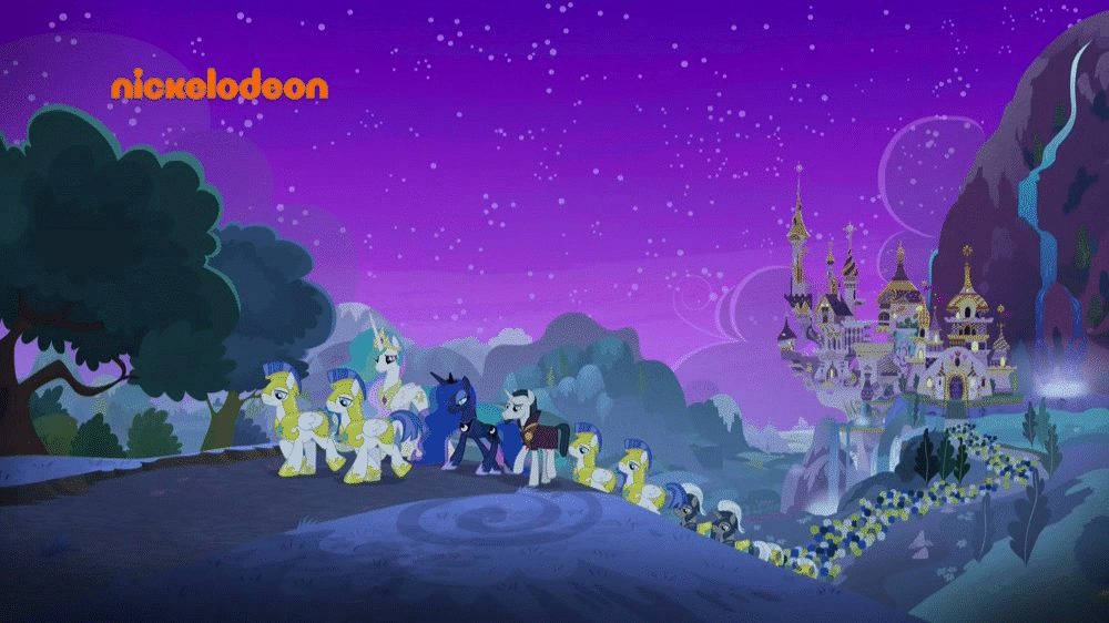 Size: 1000x562 | Tagged: safe, screencap, character:chancellor neighsay, character:princess celestia, character:princess luna, species:alicorn, species:pegasus, species:pony, species:unicorn, episode:school raze, g4, my little pony: friendship is magic, animated, canterlot, canterlot castle, cute, female, gif, magic, male, mare, neighsaybetes, nickelodeon, night, portal, royal guard, smiling, stallion, when he smiles