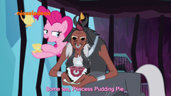 Size: 1920x1080 | Tagged: safe, screencap, character:lord tirek, character:pinkie pie, species:centaur, species:earth pony, species:pony, episode:school raze, g4, my little pony: friendship is magic, bugs bunny, cage, cake, clothing, cup, duo, female, food, hat, male, mare, nickelodeon, nose piercing, nose ring, party hat, piercing, pinkie being pinkie, prehensile mane, princess pudding pie, subtitles, tea kettle, teacup