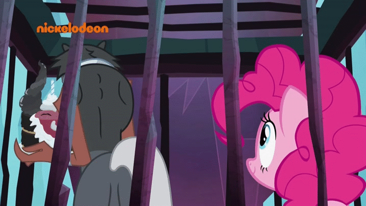 Size: 718x404 | Tagged: safe, screencap, character:lord tirek, character:pinkie pie, species:centaur, species:pony, episode:school raze, g4, my little pony: friendship is magic, animated, cage, cake, clothing, cup, duo, female, food, gif, hat, male, mare, nickelodeon, nose piercing, nose ring, party hat, piercing, subtitles, tea kettle, teacup