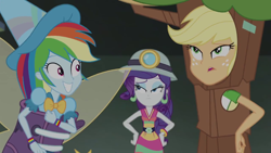 Size: 1280x720 | Tagged: safe, screencap, character:applejack, character:rainbow dash, character:rarity, episode:happily ever after party, g4, my little pony:equestria girls, clothing, costume, fairy bootmother, helmet, mining helmet, selfie soot, tree costume