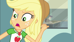 Size: 1280x720 | Tagged: safe, screencap, character:applejack, character:cranky doodle donkey, episode:happily ever after party, g4, my little pony:equestria girls, geode of super strength, happily ever after party: applejack, pointing