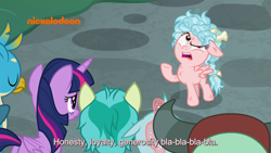 Size: 1920x1080 | Tagged: safe, screencap, character:cozy glow, character:gallus, character:ocellus, character:sandbar, character:twilight sparkle, character:twilight sparkle (alicorn), character:yona, species:alicorn, species:pegasus, species:pony, episode:school raze, g4, my little pony: friendship is magic, cozy glow is not amused, female, filly, foal, generosity, honesty, loyalty, male, mare, nickelodeon, subtitles