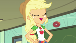 Size: 1280x720 | Tagged: safe, screencap, character:applejack, episode:happily ever after party, g4, my little pony:equestria girls, female, geode of super strength, hand on hip, happily ever after party: applejack, solo