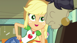 Size: 1280x720 | Tagged: safe, screencap, character:applejack, character:cranky doodle donkey, episode:happily ever after party, g4, my little pony:equestria girls, female, geode of super strength, happily ever after party: applejack, male, seductive pose