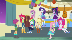 Size: 1280x720 | Tagged: safe, screencap, character:apple bloom, character:applejack, character:fluttershy, character:pinkie pie, character:rainbow dash, character:rarity, character:scootaloo, character:spike, character:spike (dog), character:sweetie belle, character:twilight sparkle, character:twilight sparkle (scitwi), species:dog, species:eqg human, species:pegasus, species:pony, episode:happily ever after party, g4, my little pony:equestria girls, converse, cupcake, cutie mark crusaders, food, geode of sugar bombs, geode of super strength, geode of telekinesis, happily ever after party: applejack, humane five, humane six, night, shoes, sneakers
