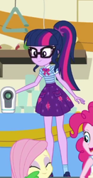 Size: 213x405 | Tagged: safe, screencap, character:fluttershy, character:pinkie pie, character:twilight sparkle, character:twilight sparkle (scitwi), species:eqg human, episode:happily ever after party, g4, my little pony:equestria girls, clothing, cropped, geode of telekinesis, glasses, implied spike, ponytail, shoes, skirt, smiling, socks