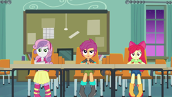 Size: 1280x720 | Tagged: safe, screencap, character:apple bloom, character:scootaloo, character:sweetie belle, species:pegasus, species:pony, episode:happily ever after party, g4, my little pony:equestria girls, animation error, boots, classroom, clothing, cutie mark crusaders, female, happily ever after party: rarity, jeans, night, pants, shoes, skirt, trio, trio female