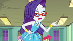 Size: 1280x720 | Tagged: safe, screencap, character:apple bloom, character:rarity, character:sweetie belle, episode:happily ever after party, g4, my little pony:equestria girls, bracelet, geode of shielding, glasses, happily ever after party: rarity, jewelry, magical geodes, rarity's glasses