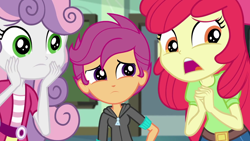 Size: 1280x720 | Tagged: safe, screencap, character:apple bloom, character:scootaloo, character:sweetie belle, species:pegasus, species:pony, episode:happily ever after party, g4, my little pony:equestria girls, canterlot high, cute, cutie mark crusaders, happily ever after party: rainbow dash