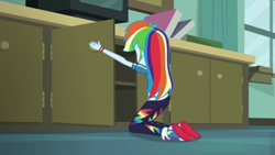 Size: 1280x720 | Tagged: safe, screencap, character:rainbow dash, episode:happily ever after party, g4, my little pony:equestria girls, cabinet, converse, happily ever after party: rainbow dash, shoes, sneakers, solo
