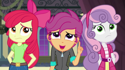 Size: 1280x720 | Tagged: safe, screencap, character:apple bloom, character:scootaloo, character:sweetie belle, species:pegasus, species:pony, episode:happily ever after party, g4, my little pony:equestria girls, adorabloom, apple bloom's bow, bow, canterlot high, cute, cutealoo, cutie mark crusaders, diasweetes, hair bow, happily ever after party: rainbow dash