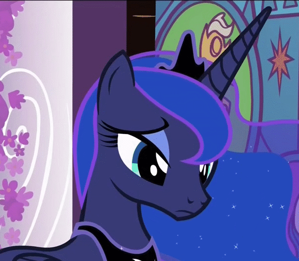 Size: 603x526 | Tagged: safe, screencap, character:princess luna, species:alicorn, species:pony, episode:a royal problem, g4, my little pony: friendship is magic, animated, canterlot, canterlot castle, cropped, cute, female, gif, guilty, lavender, mare, sad, solo, stained glass, talking, walking, window