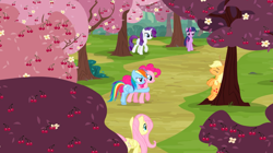 Size: 1440x808 | Tagged: safe, screencap, character:applejack, character:fluttershy, character:pinkie pie, character:rainbow dash, character:rarity, character:twilight sparkle, character:twilight sparkle (unicorn), species:earth pony, species:pegasus, species:pony, species:unicorn, episode:the last roundup, g4, my little pony: friendship is magic, begging, cherry, cherry orchard, cherry tree, female, flower, food, mane six, mare, orchard, path, tree