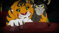 Size: 1440x810 | Tagged: safe, screencap, character:chimera sisters, species:chimera, episode:somepony to watch over me, g4, my little pony: friendship is magic, claws, evil grin, fangs, grin, hub logo, multiple heads, slasher smile, smiling, three heads