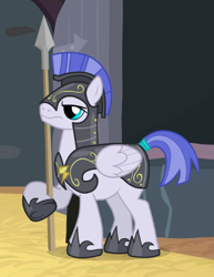 Size: 414x537 | Tagged: safe, screencap, species:pegasus, species:pony, episode:hearth's warming eve, g4, my little pony: friendship is magic, armor, background pony, cropped, guard, hoof hold, male, pegasus tribe, solo, spear, stallion, unnamed pony, weapon