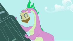 Size: 1440x811 | Tagged: safe, screencap, character:spike, species:dragon, episode:secret of my excess, g4, my little pony: friendship is magic, adult, adult spike, claws, cliff, climbing, fangs, greed spike, male, mountain, mouth hold, older, older spike, sin of greed, solo, spikezilla