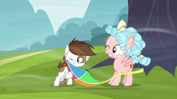 Size: 1280x720 | Tagged: safe, screencap, character:cozy glow, character:pipsqueak, species:pegasus, species:pony, episode:marks for effort, g4, my little pony: friendship is magic, bow, colt, female, filly, foal, hair bow, kite, male, one eye closed, pinto, ringlets, tail bow, wind, windswept mane