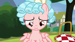 Size: 1280x720 | Tagged: safe, screencap, character:cozy glow, species:pegasus, species:pony, episode:marks for effort, g4, my little pony: friendship is magic, basket, female, filly, foal, frown, looking down, picnic basket, ringlets, sad, solo