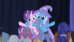Size: 1920x1080 | Tagged: safe, screencap, character:blues, character:hoo'far, character:linky, character:lucky clover, character:noteworthy, character:princess cadance, character:princess flurry heart, character:shoeshine, character:starlight glimmer, character:trixie, character:twilight sparkle, character:twilight sparkle (alicorn), species:alicorn, species:earth pony, species:pony, species:unicorn, episode:on the road to friendship, best friends, bipedal, crowd, curtain, discovery family logo, duo, female, male, mare, saddle arabian, shipping fuel, stallion, waving