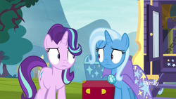 Size: 1920x1080 | Tagged: safe, screencap, character:starlight glimmer, character:trixie, species:pony, species:unicorn, episode:on the road to friendship, chest, discovery family logo, duo, embarrassed, eye contact, female, looking at each other, mare, trixie's wagon, weirded out, wide eyes