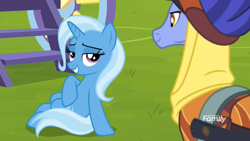 Size: 1920x1080 | Tagged: safe, screencap, character:hoo'far, character:trixie, species:pony, species:unicorn, episode:on the road to friendship, discovery family logo, duo, eye contact, female, flirting, looking at each other, male, mare, saddle arabian, sitting, smiling, stallion, trixie's wagon