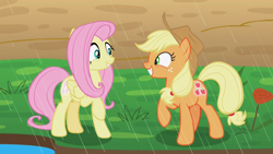 Size: 1920x1080 | Tagged: safe, screencap, character:applejack, character:fluttershy, species:earth pony, species:pegasus, species:pony, episode:sounds of silence, g4, my little pony: friendship is magic, duo, female, mare, raised hoof
