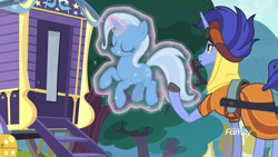 Size: 1920x1080 | Tagged: safe, screencap, character:hoo'far, character:trixie, species:pony, species:unicorn, episode:on the road to friendship, discovery family logo, duo, female, flying, glowing horn, levitation, magic, magic aura, male, mare, saddle arabian, self-levitation, stallion, telekinesis, trixie's wagon