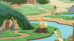 Size: 1334x750 | Tagged: safe, screencap, character:applejack, character:spring glow, character:winter flame, species:earth pony, species:kirin, species:pony, episode:sounds of silence, g4, my little pony: friendship is magic, female, green grove, kirin village, mare, river, sneezing, stream, tree stump