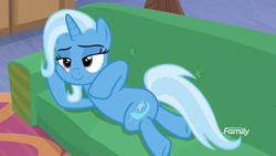 Size: 1920x1080 | Tagged: safe, screencap, character:trixie, species:pony, species:unicorn, episode:on the road to friendship, couch, draw me like one of your french girls, female, lidded eyes, mare, side, solo, starlight's office