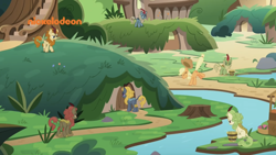 Size: 1334x750 | Tagged: safe, screencap, character:applejack, character:autumn afternoon, character:maple brown, character:sparkling brook, character:spring glow, character:winter flame, species:earth pony, species:kirin, species:pony, episode:sounds of silence, g4, my little pony: friendship is magic, background kirin, bucket, female, fruit stand, green grove, kirin village, male, mare, river, sneezing, stream