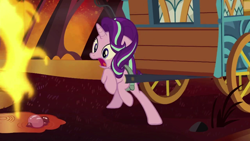 Size: 1280x720 | Tagged: safe, screencap, character:starlight glimmer, species:pony, species:unicorn, episode:on the road to friendship, female, fire, fire swamp, flame geyser, mare, open mouth, scared, solo, wagon