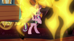 Size: 1280x720 | Tagged: safe, screencap, character:starlight glimmer, species:pony, species:unicorn, episode:on the road to friendship, female, fire, fire swamp, flame geyser, mare, open mouth, rearing, scared, solo, wagon