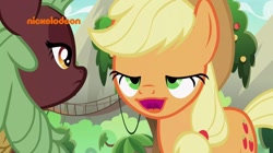 Size: 1542x866 | Tagged: safe, screencap, character:applejack, character:cinder glow, character:summer flare, species:kirin, species:pony, episode:sounds of silence, g4, my little pony: friendship is magic, faec, female, great moments in animation, mare, midblink, ponyface, wat, watermark