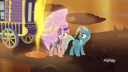 Size: 1920x1080 | Tagged: safe, screencap, character:starlight glimmer, character:trixie, species:pony, species:unicorn, episode:on the road to friendship, concentrating, discovery family logo, duo, duo female, female, fire swamp, flame geyser, glowing horn, magic, magic bubble, mare, tongue out, trixie's wagon