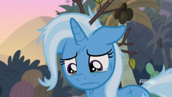 Size: 1920x1080 | Tagged: safe, screencap, character:trixie, species:pony, species:unicorn, episode:on the road to friendship, coconut tree, crying, discovery family logo, female, floppy ears, injured, mare, messy mane, sad, solo, somnambula (location), stick, sticks