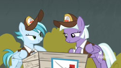 Size: 1920x1080 | Tagged: safe, screencap, character:appointed rounds, character:rainy day, species:pegasus, species:pony, episode:on the road to friendship, clothing, crate, discovery family logo, duo, duo female, female, hat, lidded eyes, mailmare, mailmare hat, mare, out of context, shirt, uniform