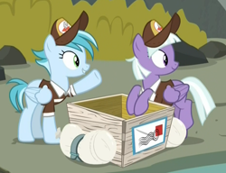 Size: 934x716 | Tagged: safe, screencap, character:appointed rounds, character:rainy day, species:pegasus, species:pony, episode:on the road to friendship, clothing, crate, cropped, duo, female, hat, mare, smiling, uniform