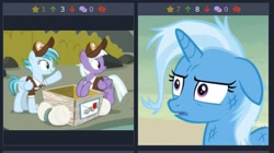 Size: 492x276 | Tagged: safe, screencap, character:appointed rounds, character:rainy day, character:trixie, species:pegasus, species:pony, species:unicorn, derpibooru, episode:on the road to friendship, female, juxtaposition, juxtaposition win, mail, mailmare, mare, meme, messy mane, meta