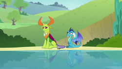 Size: 1280x720 | Tagged: safe, screencap, character:princess ember, character:thorax, species:changeling, species:dragon, species:reformed changeling, episode:triple threat, g4, my little pony: friendship is magic, behaving like a dog, changeling king, dragoness, duo, female, male, pond, reflection, sitting, water