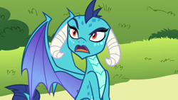 Size: 1280x720 | Tagged: safe, screencap, character:princess ember, species:dragon, episode:triple threat, g4, my little pony: friendship is magic, disbelief, dragon lord ember, dragoness, female, raised eyebrow, sitting