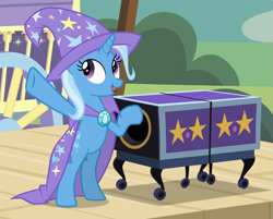 Size: 699x562 | Tagged: safe, screencap, character:trixie, episode:uncommon bond, g4, my little pony: friendship is magic, bipedal, box, cape, clothing, hat, magician outfit, solo, trixie's cape, trixie's hat