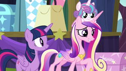 Size: 1920x1080 | Tagged: safe, screencap, character:princess cadance, character:princess flurry heart, character:twilight sparkle, character:twilight sparkle (alicorn), species:alicorn, species:pony, episode:on the road to friendship, baby, baby pony, discovery family logo, female, mare, pony hat, smiling, stage