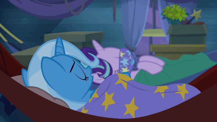 Size: 710x400 | Tagged: safe, screencap, character:starlight glimmer, character:trixie, species:pony, species:unicorn, episode:on the road to friendship, animated, blanket, duo, female, gif, hoofy-kicks, mare, sleep talking, sleeping